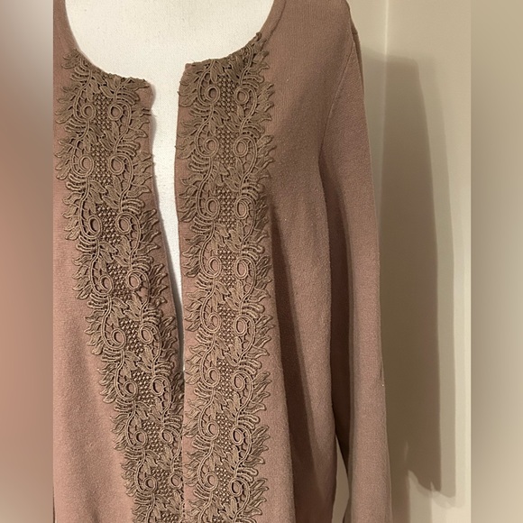 Chico’s Lace-Front Open Cardigan Taupe Sweater - Picture 9 of 13